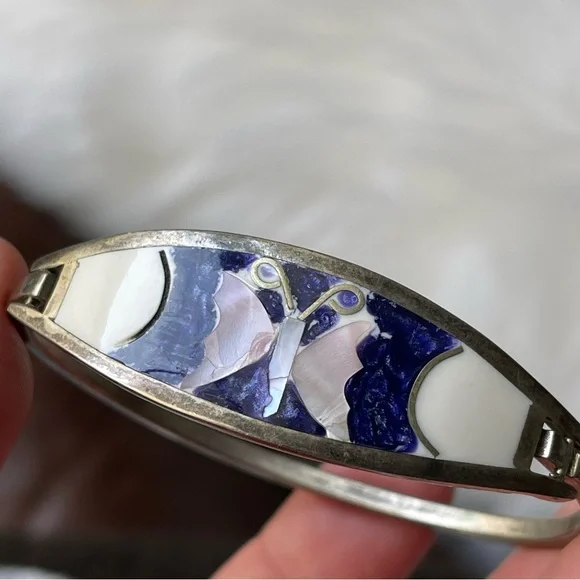 Alpaca Mexico Mother Of Pearl Butterfly Inlay Small Hinged Bangle Bracelet - Picture 3 of 8